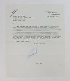 TYPED LETTER SIGNED FROM ROALD DAHL TO HIS PUBLISHER RAYNER UNWIN.